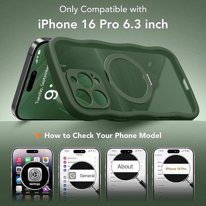 GolbinBox for iPhone 16 Pro Case for Women,[Compatible with Magsafe][360° Spin Magnetic Stand][Cute Wave Edge][Military-Grade Protection] Translucent Matte Phone Case for iPhone 16 Pro, Green