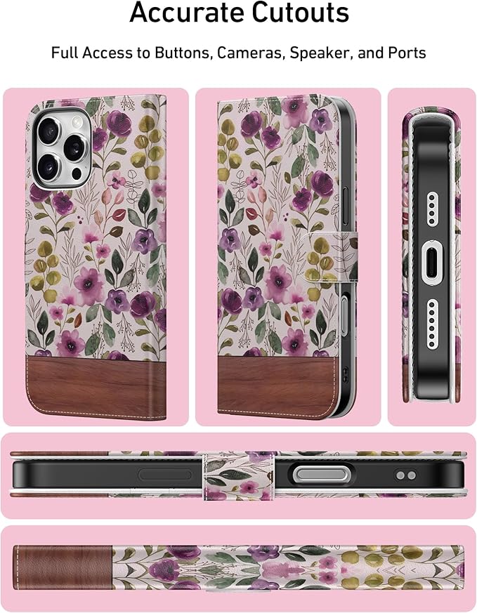 DEENAKIN for iPhone 16 Pro Wallet Case with Card Holder + Cash Clip, RFID-Blocking, Military-Grade Drop Protection, Magnetic Closure with Leather Kickstand - Floral Wallpaper