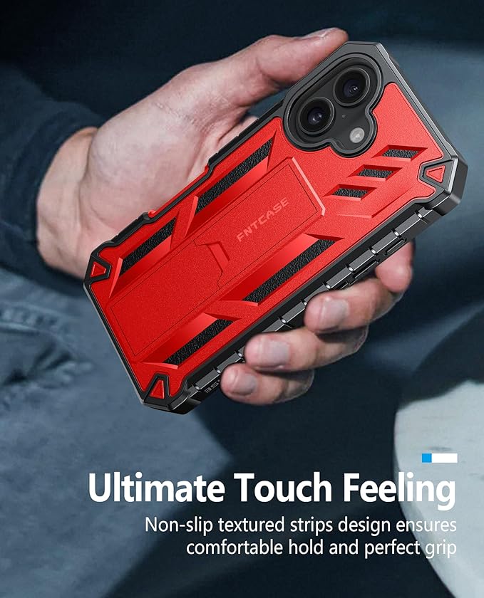 FNTCASE for iPhone 16 Phone Case: for iPhone 16 case with Kickstand Shockproof Military Grade Protective Cover - Dual Layer Full Protection Sturdy Matte Textured Drop Proof - 6.1 Inch Red