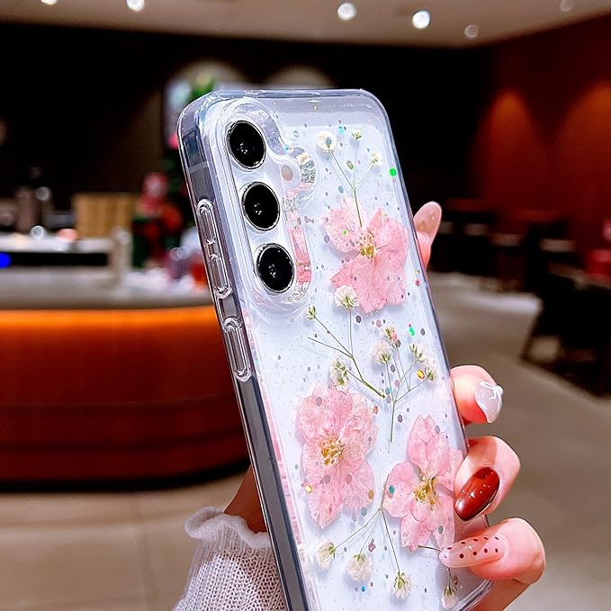Compatible with Samsung Galaxy S25 Case Cute Pressed Dried Real Flowers Design Women Girly Shockproof Hard PC+ TPU Bumper Floral Phone Cover for Galaxy S25 (Light Pink)