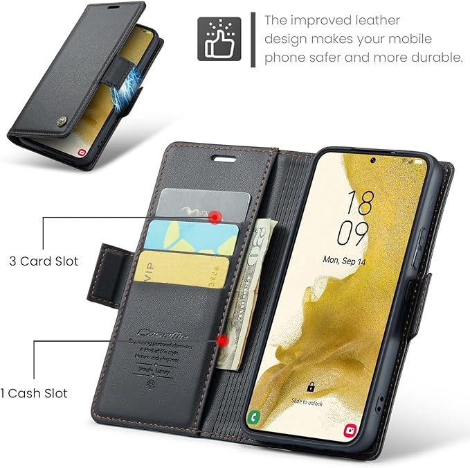 AUPAI for Samsung Galaxy S22 Plus Wallet Case with Credit Card Holder, PU Leather RFID Blocking Folio Flip Kickstand Magnetic Clasp Protective Phone Cover for Women Men Black