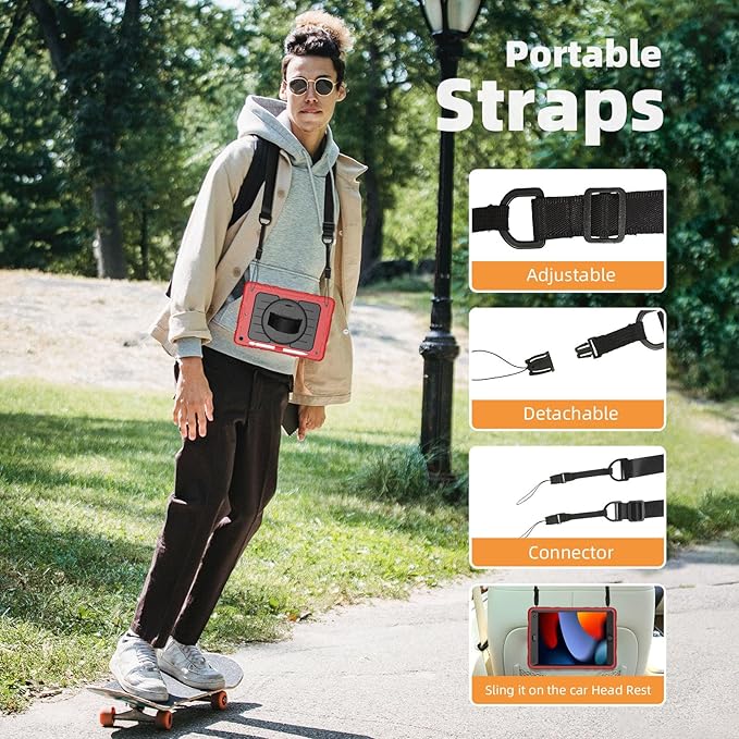 Case for iPad 9th/8th/7th Generation-Built-in Screen Protector,with Pencil Holder&360°Rotating Hand Strap,Shoulder Strap,Case for iPad 10.2 inch 2021-2019(Red/Black)