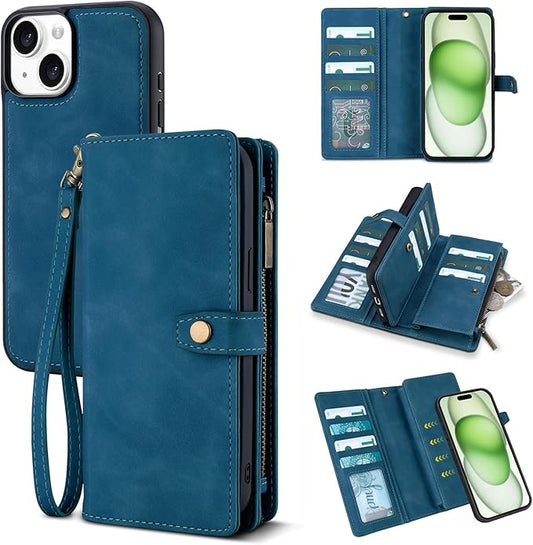 TwoHead Wallet Case Compatible with iPhone 15 Plus,Detachable Magnetic Phone Case,All-Round Shockproof Protective Leather Phone Case with Card Holder,6.7 in,Navy Blue