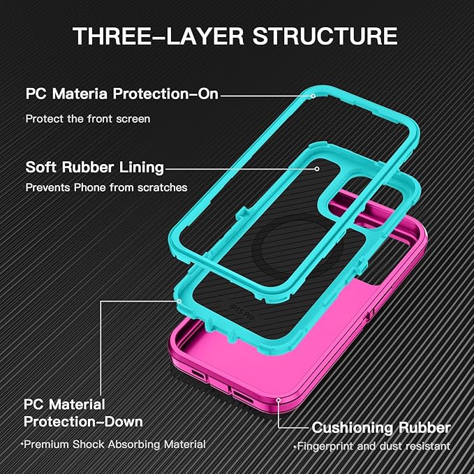 for iPhone 15 Pro Case [Compatible with MagSafe] Shockproof 3-Layer Full Body Protection Rugged Heavy Duty Cover Case for Apple iPhone 15 Pro 6.1",Rose Red/Green