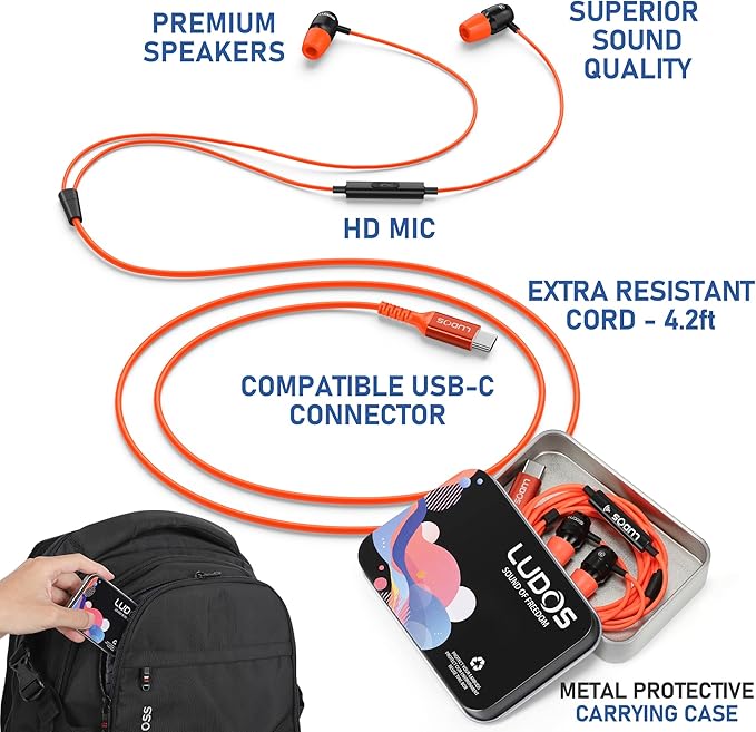 LUDOS Clamor USB C Headphones for iPhone 16 15 Pro Max Plus iPad Pro, 5 Years Warranty, USB-C Earbuds for Samsung Galaxy S24 S23 Ultra S22 S21 FE S20 A55 A54 A53, USB Type C Earphones - Coral