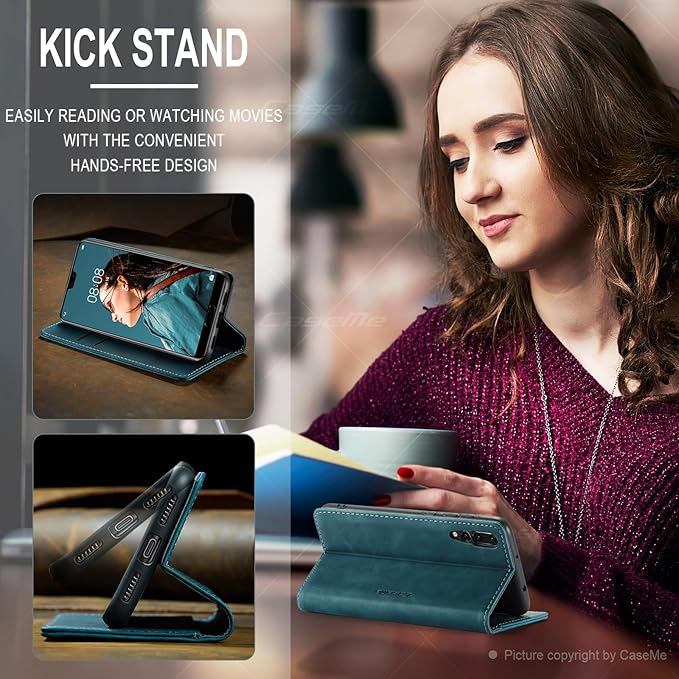 for Huawei P20 Pro Case, Flip Wallet Leather Case with Card Holder Magnetic Closure Shockproof Kickstand Protective Phone Cases Cover for Huawei P20 Pro,Blue-Green