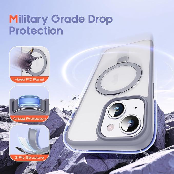Designed for iPhone 15 Pro Max Case with Magnetic Ring Stand [Compatible with Mag-Safe] [Military Drop Protection] Shockproof Translucent Phone Cover 6.7" for Women Men,Grey
