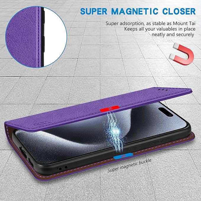 ZZXX for iPhone 15 Pro Wallet Case with [RFID Blocking] Card Slot Stand Strong Magnetic Leather Flip Fold Protective Phone Case for iPhone 15 Pro Case Wallet(Purple-6.1 inch)