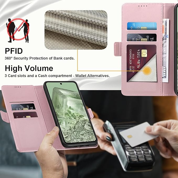 Wallet Flip Case for Google Pixel 8 - [RFID Blocking] Luxury PU Leather Card Holder Magnetic Phone Cover with Kickstand,Shockproof Protective Case,Pink
