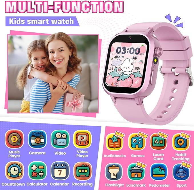 Vakzovy Kids Waterproof Smart Watch Girls Gift Age 4-12, Kids Watch with 39 Games Video Camera Music Player Alarm Clock Pedometer Calculator Habit Tracking Birthday Gift for 6 7 8 9 Year Olds Girls