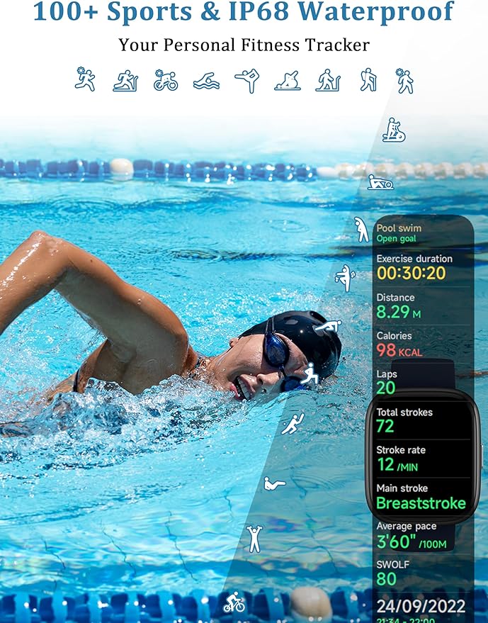 Smart Watch, Alexa Built-in, Answer/Make Calls 44mm Smartwatch Women Men, 1.83" Sports Watch IP68 Waterproof, Heart Rate SpO2 Sleep Stress Monitor, Step Counter Watch for Android & iOS Phone