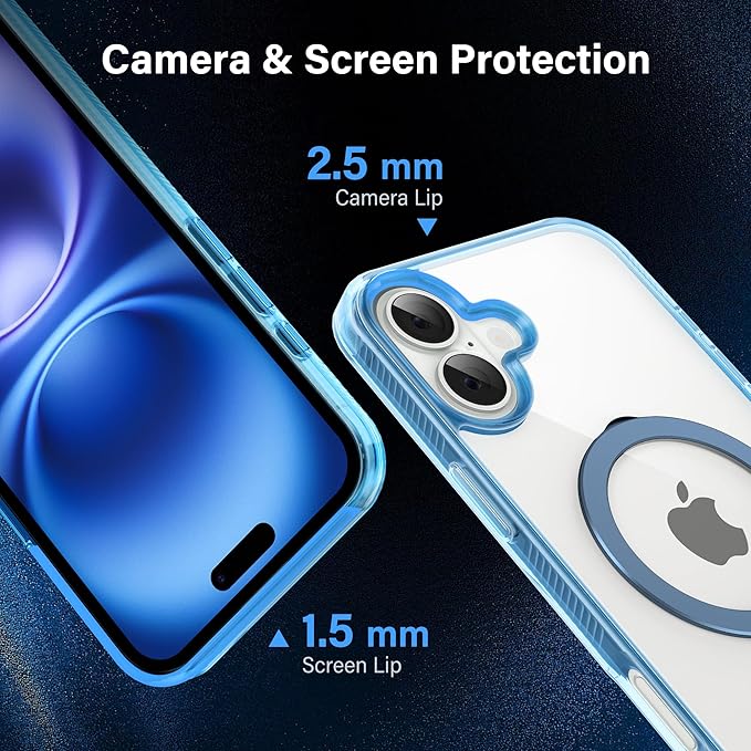 Magnetic Case for iPhone 16 - [Built-in Invisible Stand] [Compatible with MagSafe] [Military Grade Drop Protection] Anti-Yellowing Hard Back Silicone Edge Cover, 6.1", Clear Blue
