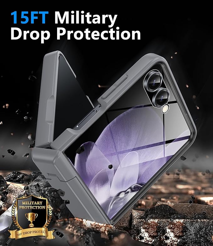 for Samsung Galaxy Z Flip 7 Case Compatible with Magsafe [Hinge Protection＆ Kickstand][Built-in Front Screen Protector] 15FT Military Shockproof Full Body Phone Case for Galaxy Z Flip 7 (Gray)