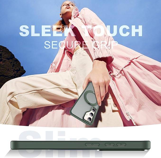 Compatible with Samsung Galaxy S24 Plus Case with 360Rotatable Magnetic Ring Stand Compatible with Mag-Safe Military Protection Matte Translucent Phone Case for Galaxy S24+,Dark Green