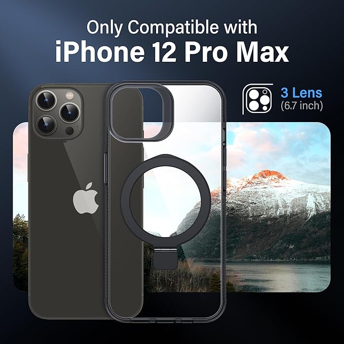 Magnetic Case for iPhone 12 Pro Max - [Built-in Invisible Stand] [Compatible with MagSafe] [Military Grade Drop Protection] Anti-Yellowing Hard Back Silicone Edge Cover, 6.7", Clear Black