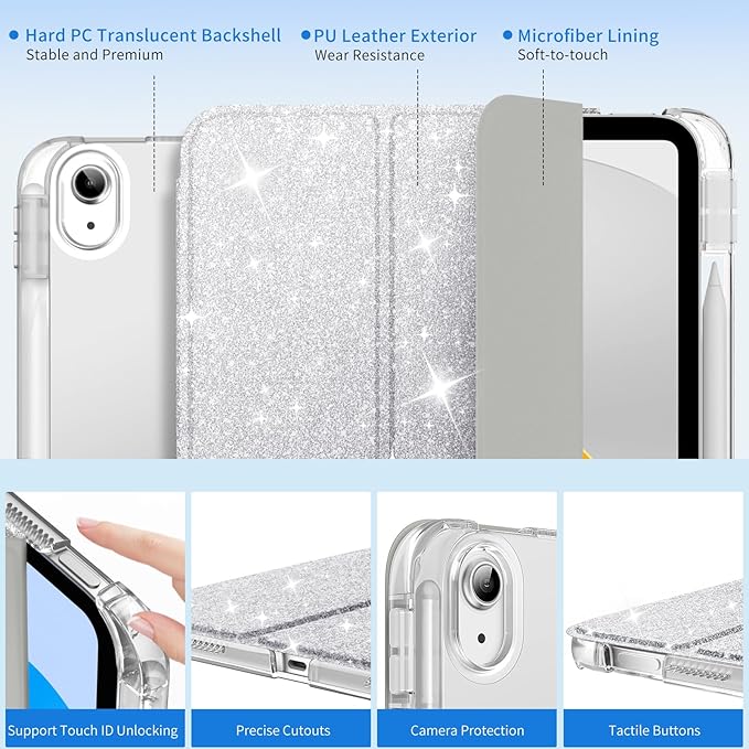 MoKo for iPad (A16) 11th Generation Case 11 Inch 2025, iPad 10th Gen Case 10.9 Inch 2022 with Pencil Holder, Slim Light Trifold Protective Cover with Hard PC Transparent Back Shell, Sparkling Silver