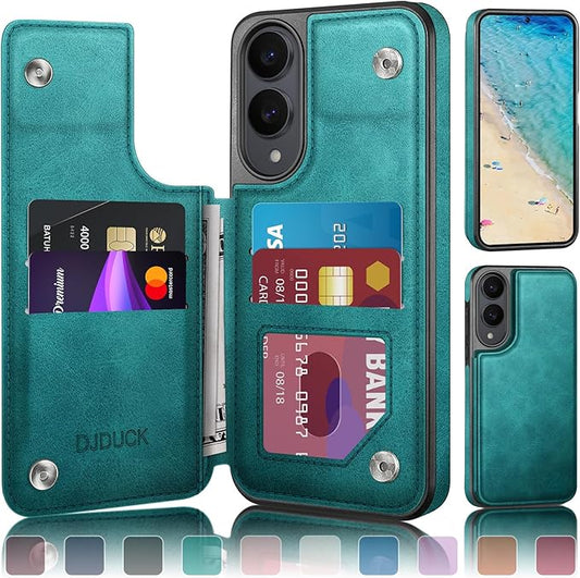 DJDUCK Designed for Samsung Galaxy S25 Edge Case Wallet with Card Holder, [Magnetic Clasp Cover] [RFID Blocking Leather Protection] Shockproof Women Men Cases for Samsung S25 Edge Blue Green