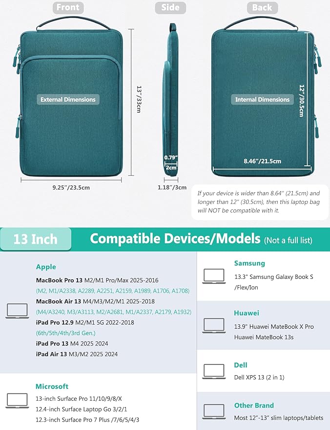 HYZUO 13 Inch Laptop Bag Sleeve for MacBook Air 13 M4 M3 M2 M1 2025-2018, MacBook Pro 13 M2 M1 2025-2016, 13" iPad Pro/Air, Surface Pro, XPS 13, Protective Case for 12"-13" Tablet, Dark Green
