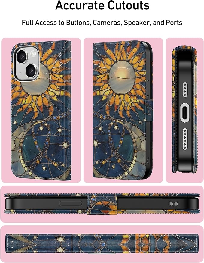 DEENAKIN for iPhone 15 Wallet Case with Card Holder + Cash Clip, RFID-Blocking, Military-Grade Drop Protection, Magnetic Closure with Leather Kickstand - Solar Lunar Harmony