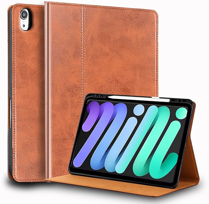 for Ipad Case Air 13-inch M3/M2 2025/2024(Model:A3268/A3269/A2898/A2899) Genuine Leather Cover Protective Shell,Built-in Pencil Holder and Auto Wake/Sleep.Brown