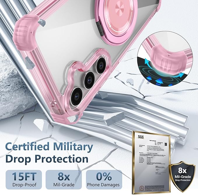 for Samsung Galaxy S24 Case Magnetic Compatible with MagSafe Wireless Charging,with 360°Kickstand Ring,for S24 Phone Case with Screen Protector, Military Grade Drop Protection Shockproof Pink