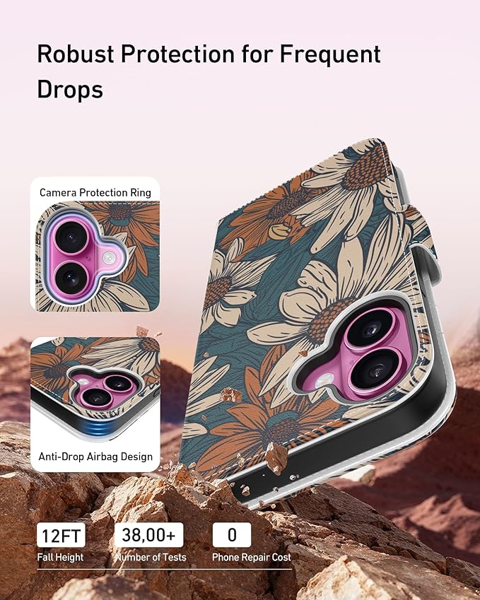 DEENAKIN for iPhone 16 Wallet Case with Card Holder + Cash Clip, RFID-Blocking, Military-Grade Drop Protection, Magnetic Closure with Leather Kickstand - Floral Daisy Pattern