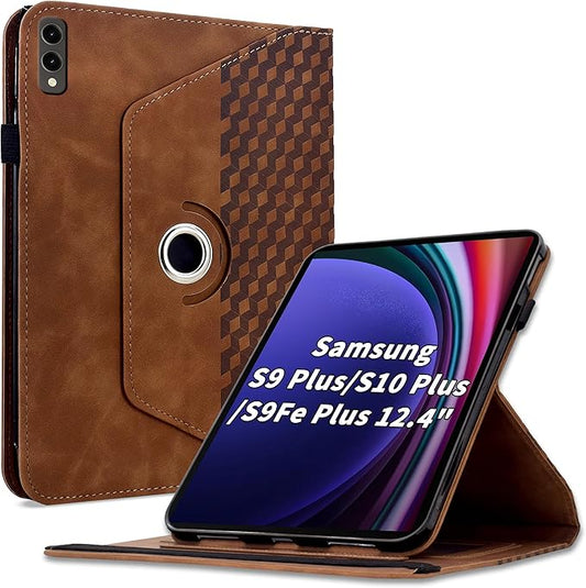 Case for Samsung Galaxy Tab S10 Plus 2024/ S9 Plus/S9FE Plus 12.4,360 Degree Rotating PU Leather Folio Protective Cover with Auto Sleep/Wake,Card Holder&Shoulder Strap for Woman Man, Brown