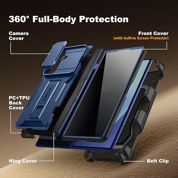 TONGATE for Z Fold 7 Case with Privacy Screen Protector, [Built-in Slide Camera Cover & Stand] [Anti Spy] Military Grade Drop Phone Case for Samsung Galaxy Z Fold 7 with Belt Clip, Blue Privacy