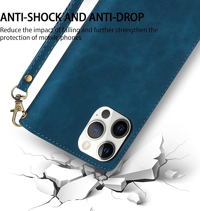 ZZXX for iPhone 14 Pro Case Wallet with [RFID Blocking] Card Slot Premium Soft PU Leather Zipper Flip Folio with Wrist Strap Kickstand Protective Cover for iPhone 14 Pro Wallet Case(Blue-6.1 inch)