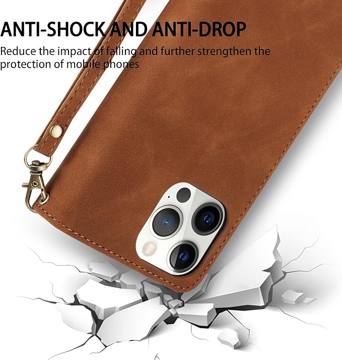 ZZXX for iPhone 14 Pro Case Wallet with [RFID Blocking] Card Slot Premium Soft PU Leather Zipper Flip Folio with Wrist Strap Kickstand Protective Cover for iPhone 14 Pro Wallet Case(Brown-6.1 inch)