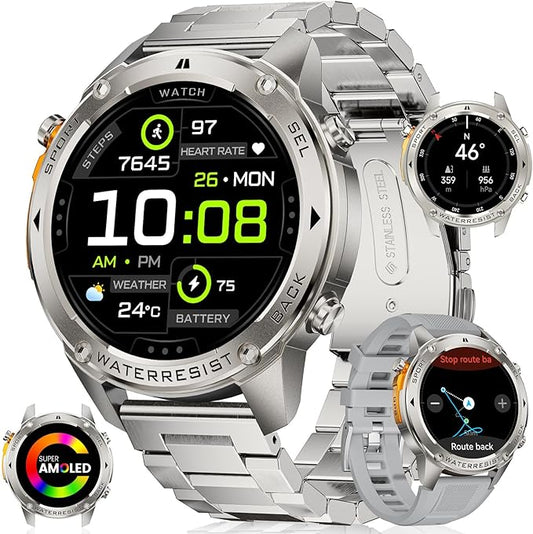GPS Smart Watch for Men Military Rugged Smartwatches,Compass,50M Waterproof, 500mAh Large Battery,Answer/Make Call, 1.43" AMOLED Screen, Compatible for Android iOS (2 Bands) Sliver
