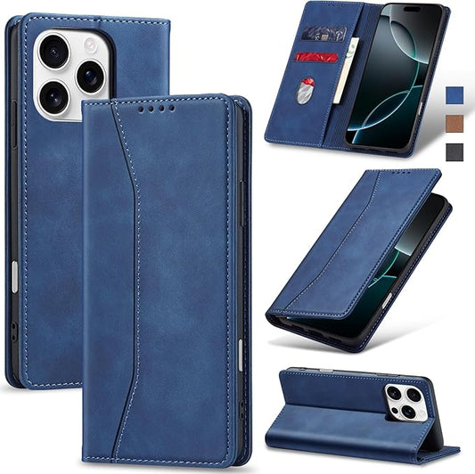 Jasonyu Flip Wallet Case for iPhone 16 Pro,Leather Magnetic Folio Cover with Card Holder,Kickstand - TPU Shockproof Durable Protective Phone Case,Blue