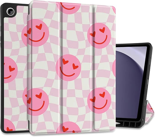 MEEgoodo Case for Samsung Galaxy Tab A9 Plus 11 inch Cover 2024 2023 with S Pen Holder,A9+ Smart Tablet Cases with Leather Trifold Stand+Soft TPU Back Shell+Smart Auto Wake/Sleep,Checkered Pink Hearts