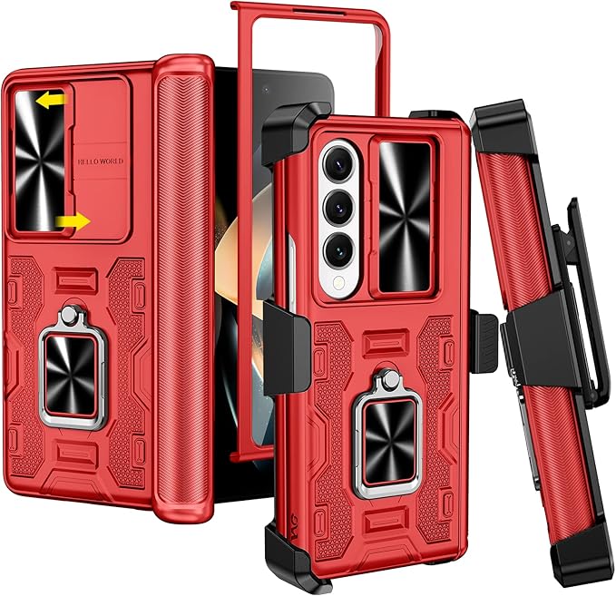 VEGO for Galaxy Z Fold 4 Case with Kickstand, Hinge Protection & Belt Clip Holster & Front Screen Protector & Slide Camera Cover Magnetic Kickstand Cover - Red
