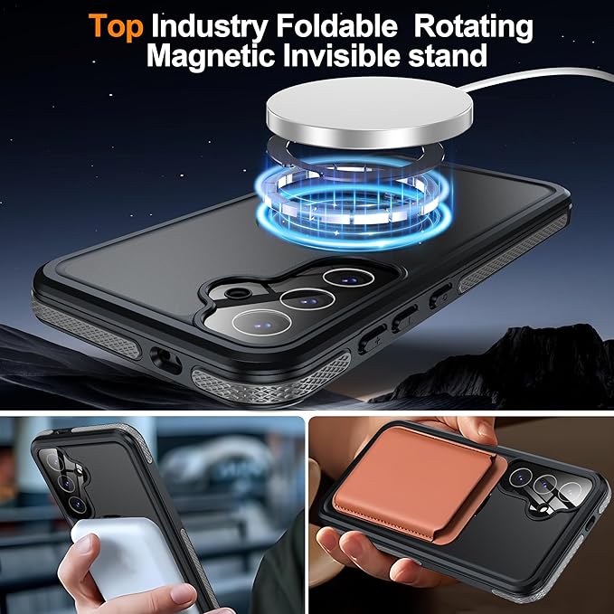 Magnetic & Stand for Samsung Galaxy S25 Case Waterproof[Built-in Screen Protector][Fit for Magsafe][Invisible Kickstand] 360° Full Body Sealed Protective Dustproof Shockproof Case Black
