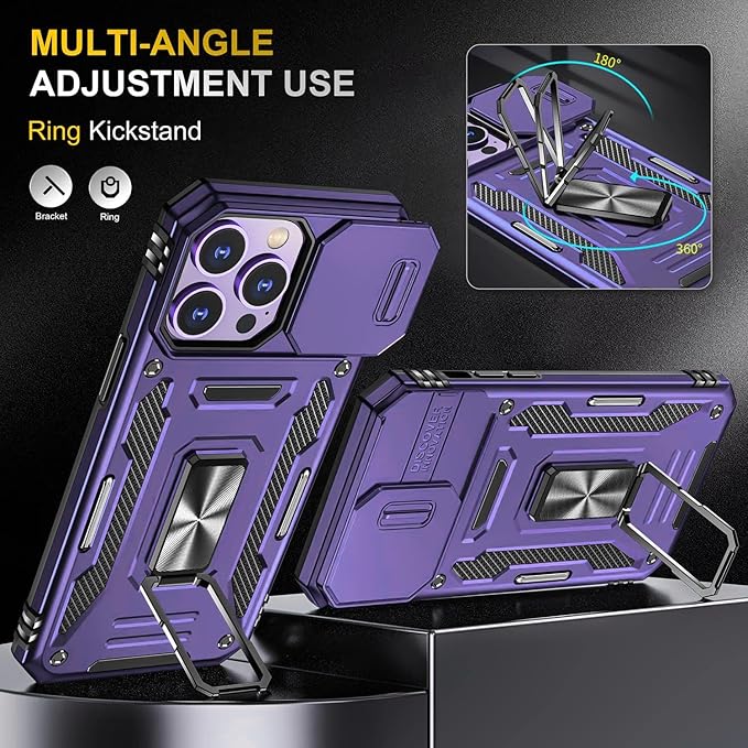 Case for iPhone 14 Pro iPhone Case iPhone 14 Pro Phone Case with Camera Lens Cover, with Ring Holder Kickstand, fit Magnetic Car Mount, for iPhone 14 Pro (Purple)