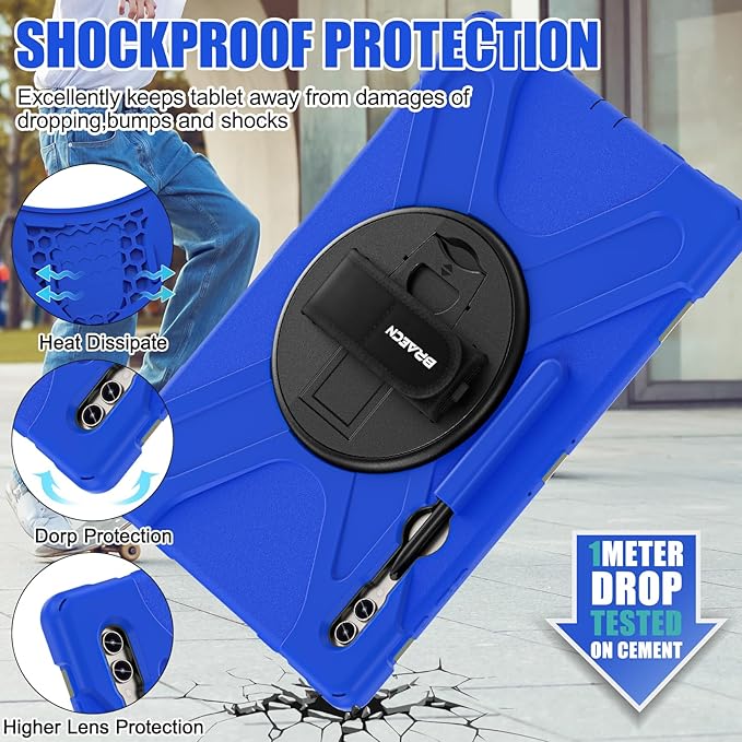 BRAECNstock for Samsung Galaxy Tab S10 Ultra/ S9 Ultra/ S8 Ultra Case 14.6" Shockporoof Protective Heavy Duty Kids Case with Pencil Holder [360 Rotating Strap]& Stand, Shoulder Strap, Blue