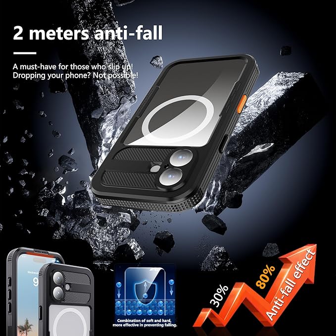 GOLDJU Magnetic for iPhone 17 Case-Waterproof, Built-in Screen & Camera Protector-IP68 Underwater Full Body 16FT Military Dropproof Shockproof Case for 17 6.3''- Black