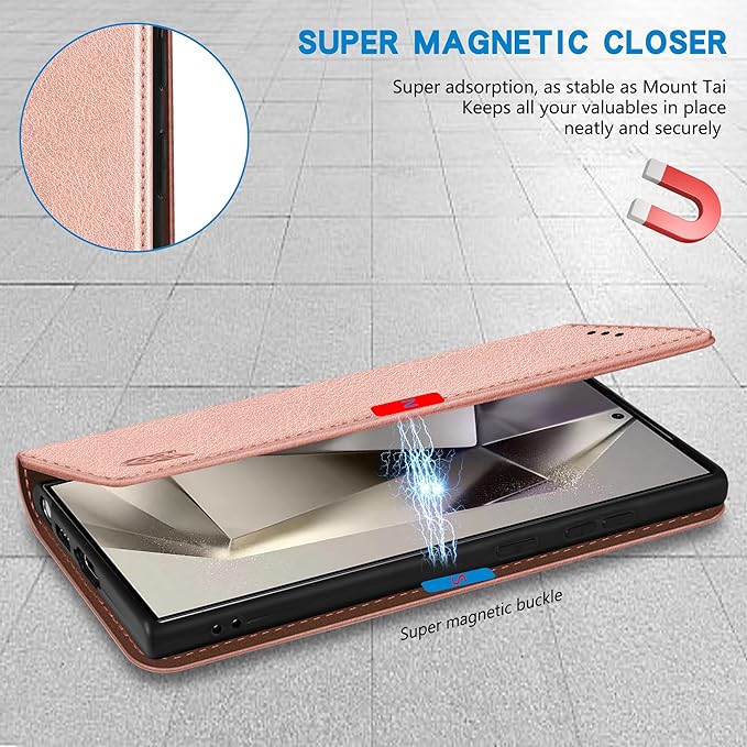ZZXX for Samsung Galaxy S25 Ultra Wallet Case with [RFID Blocking] Card Slot Stand Strong Magnetic Leather Flip Fold Protective Phone Case for Samsung Galaxy S25 Ultra Case Wallet(Rose Gold-6.8 inch)