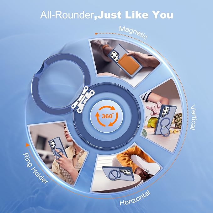 Compatible with Samsung Galaxy S22 & S23 Ultra Case with 360Rotatable Magnetic Ring Stand Compatible with Mag-Safe Military Protection Shockproof Translucent Phone Case,Blue