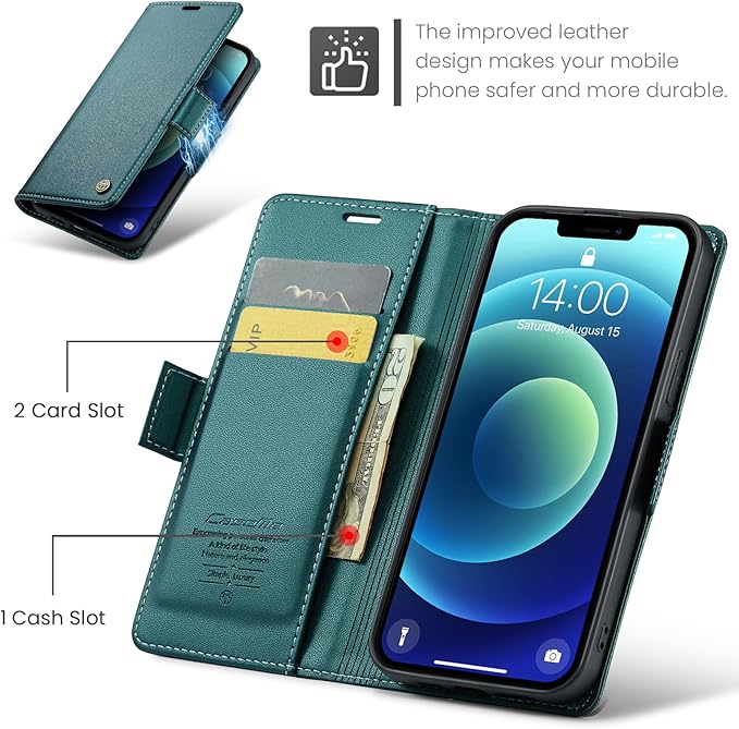 for iPhone 12 Mini Case, Premium PU Leather Wallet Case Flip Cover with [RFID Blocking][Card Holder][Stand Function] Shockproof Protective for iPhone 12 Mini 5.4 inch, Blue-Green