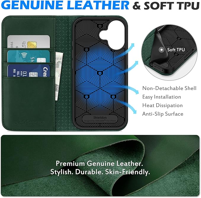 SHIELDON Genuine Leather Case Wallet for iPhone 17 6.3-inch 5G 2025 | Folio, Wallet, Magnetic Closure, Kickstand, RFID Blocking Card Slots, Full Protection, Soft Phone Cover - Evergreen