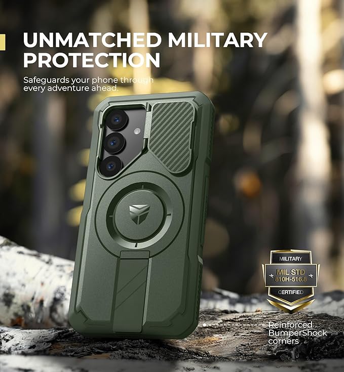 Dexnor for Samsung Galaxy S25 Case with Camera Cover & Adjustable Kickstand & Built-in Screen Protector, Magnetic Rugged Shockproof Bumper Cases Heavy-Duty Magnetic Protective Cover (2025),Army Green