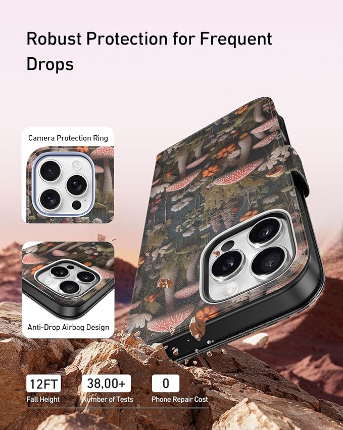 DEENAKIN for iPhone 15 Pro Max Wallet Case with Card Holder + Cash Clip, RFID-Blocking, Military-Grade Drop Protection, Magnetic Closure with Leather Kickstand - Mushroom Floral