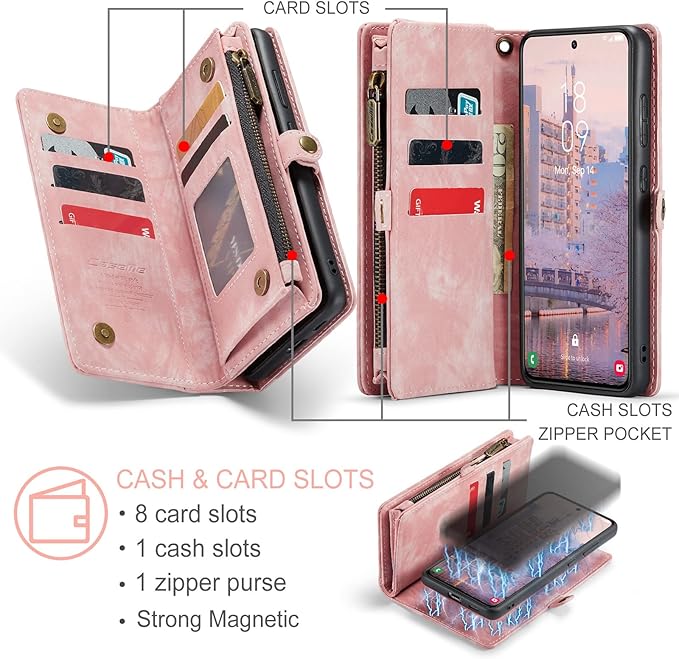 SZHAIYU 2 in 1 Detachable for Samsung Galaxy S23+ / S23 Plus Wallet Case with Card Holder, Retro Premium Flip Leather Cover Magnetic Zipper Pocket Phone Cases 6.6'' (Pink,S23+/S23 Plus)