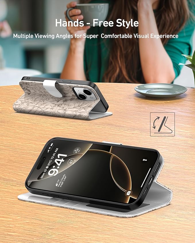 DEENAKIN for iPhone 15 Plus Wallet Case with Card Holder + Cash Clip, RFID-Blocking, Military-Grade Drop Protection, Magnetic Closure with Leather Kickstand - Serene Foliage