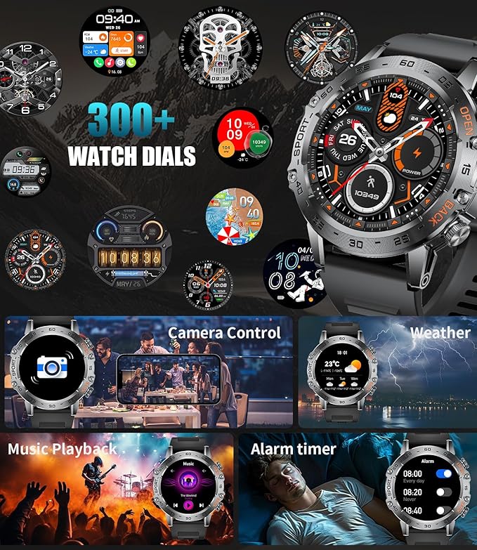 Military Smart Watch for Men(Answer/Dial Calls),1.45'' AMOLED/100 Sports Modes, 5ATM Waterproof Fitness Watch with Heart Rate/SpO2/Sleep Tracker for Android and iOS,530MAH Smartwatch Black Steel