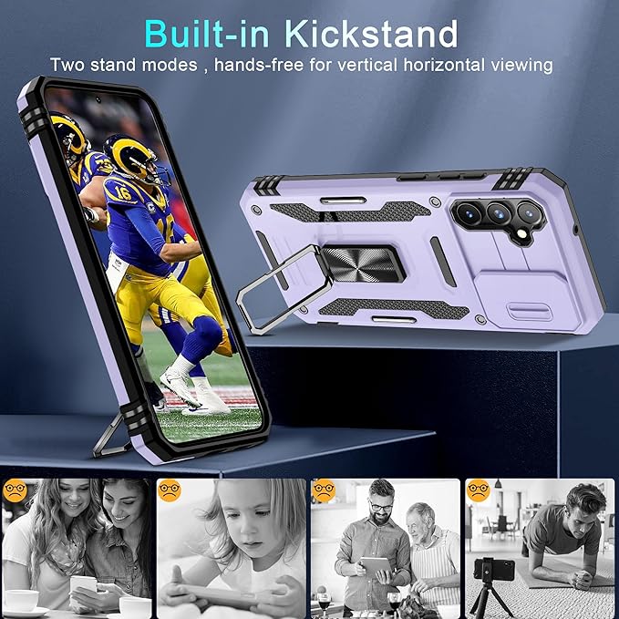 DEERLAMN Case for Samsung Galaxy S23 FE 6.4-Inch with Slide Camera Cover+Screen Protector(1 Pack),Rotated Ring Kickstand Military Grade Shockproof Protective Cover-Light Purple