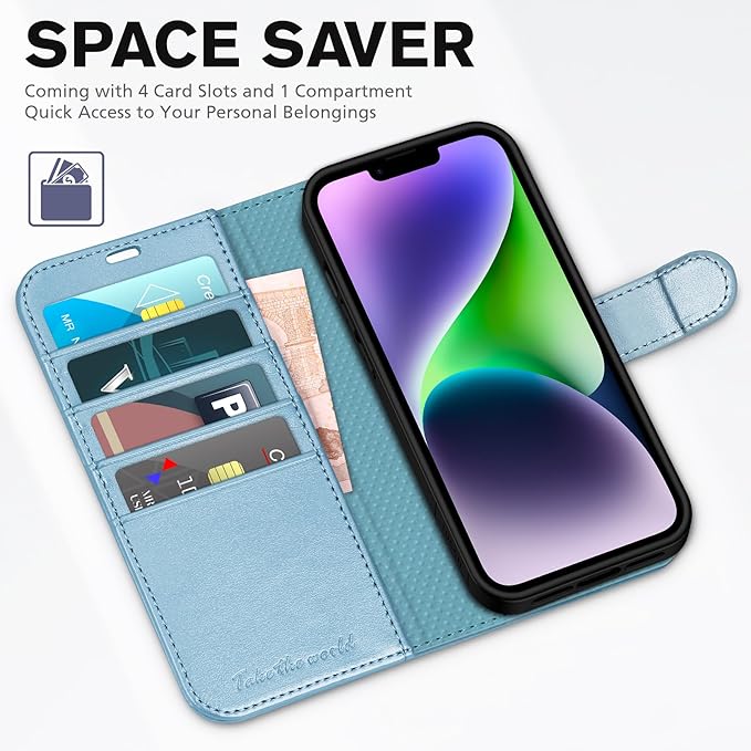 TUCCH Case Wallet for iPhone 14 5G, [RFID Blocking] 4 Card Holder Stand [Shockproof TPU Interior Case] PU Leather Magnetic Protective Flip Cover Compatible with iPhone 14 6.1", Shiny Light Blue