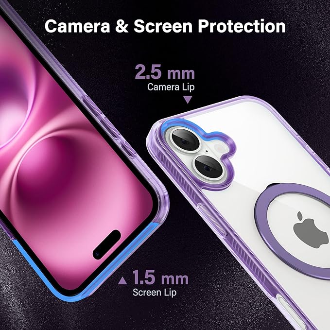 Magnetic Case for iPhone 16 Plus - [Built-in Invisible Stand] [Compatible with MagSafe] [Military Grade Drop Protection] Anti-Yellowing Hard Back Silicone Edge Cover, 6.7", Clear Purple